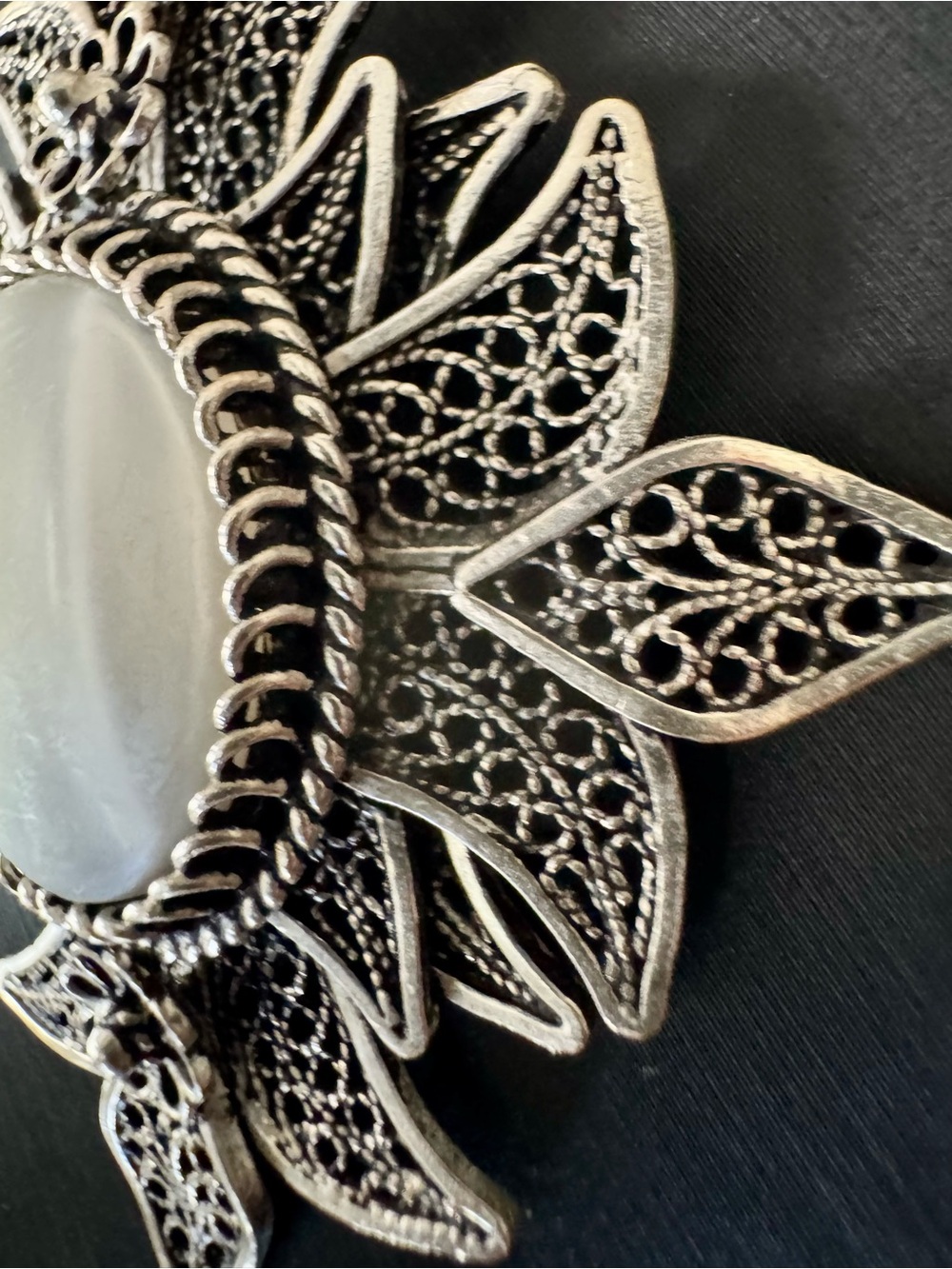 Turkey Sterling Silver Filigree Pendant with Mother of Pearl Cabochon - 2 3/4” - Picture 3 of 7